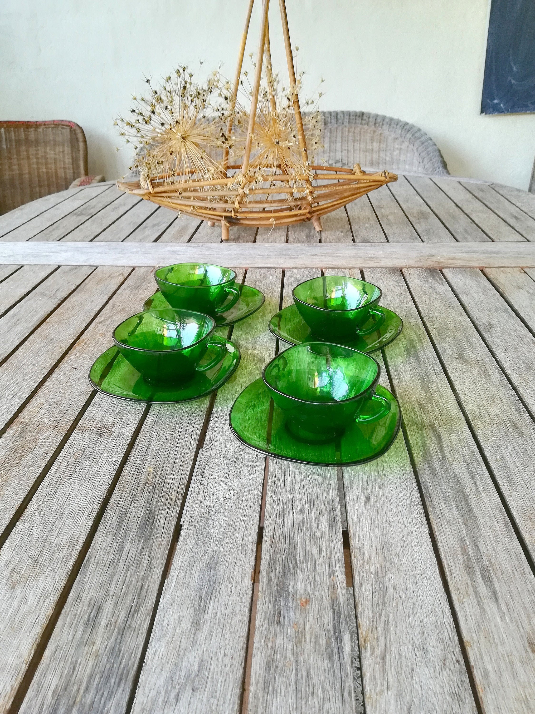 Tasse Café Thé Verte Vereco Vintage 1970, Lot de 4 Tasses + Soucoupes, Green Mug