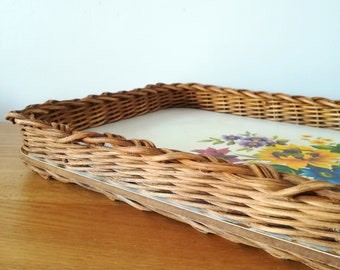 Plateau Vintage En Rotin Et Verre Fumé - Service Déco Cuisine - France
