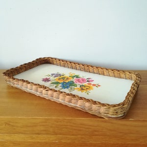 Vintage rattan tray, serving tray, wicker tray, white formica tray, rectangular rattan tray, rattan tray, vintage rattan tray