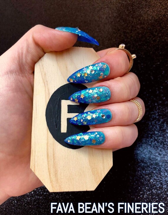 Written In The Stars Night Sky Press On Nails Bling Navy Nails Ombre Blue Fake Nails Coffin Stiletto Glitter Acrylic Gold Star Nail Art