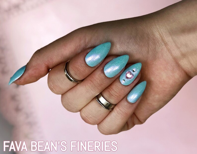 Glass Slipper Baby Blue Nails Stiletto Press On Heart Gem Etsy