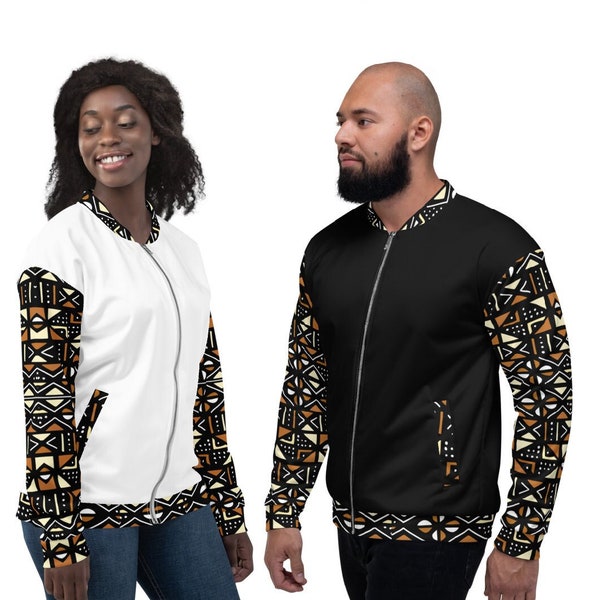 Veste bomber wax blouson veste africaine homme femme vêtements imprimés africains Bogolan Mali pagne motif brun - Kizmethat