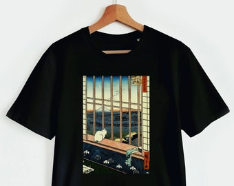 T-shirt art japonais, T-shirt chat japon, Tee shirt Ukiyo-e, Chemise avec Mont Fuji, période edo, estampe japonaise, esthétique japonaise