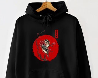 Sweat à capuche oiseau lune rouge Ikigai Hoodie japonais Printemps Estampe japonaise Cadeau Art japon Ukiyo-e amoureux d'oiseaux