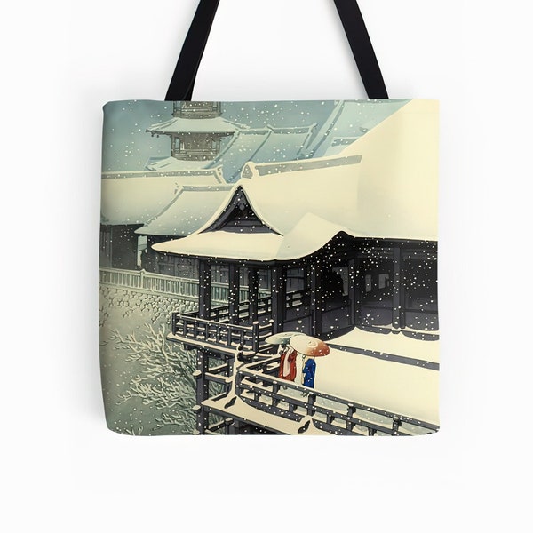 Japanische Tragetasche verschneiter Tempel und Geisha im Kimono Vintage Art Ukiyo-e Hasui Kawase