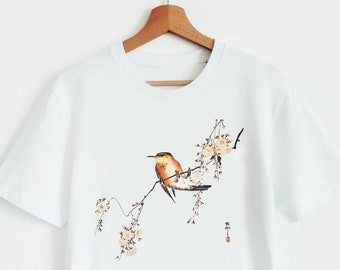 T-shirt Oiseau avec Fleurs de Cerisier Sakura Japonais Ukiyo-e T-shirt été printemps