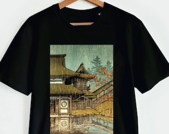 Ukiyo-e T-Shirt Japanese Temple Under Rain by Hasui Kawase - Celebrate Japanese Art & Culture