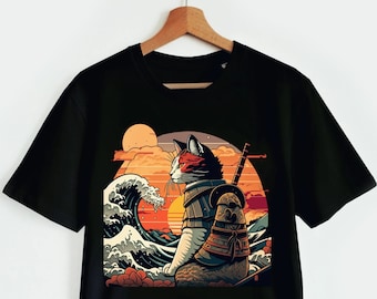 Japanische Retro Samurai Katze Die große Welle vor Kanagawa Hokusai T-Shirt