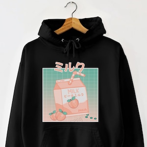 Japanese aesthetic Hoodie 90s retro kawaii Anime Hoodie Sweater Harajuku Peach milk milkshake carton Hoodie Gift for Japan lover