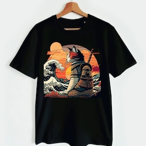 Chat samouraï rétro La grande vague Hokusai T-shirt