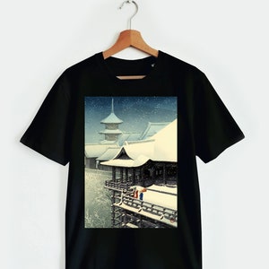 Japanese vintage art t-shirt, Japanese woodblock shirt, Japanese aesthetic, Japanese temple, spring snow in Japan, Ukiyo-e t-shirt