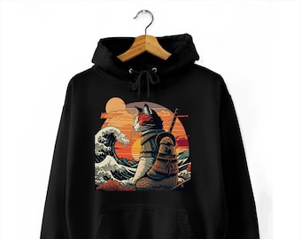 Retro samurai cat Hoodie The Great Wave off Kanagawa Hokusai Japanese Art Gift Anime Pullover