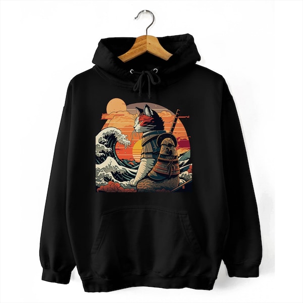 Chat samouraï rétro La grande vague Hokusai Sweat à capuche Hoodie Anime Cadeau Art japonais Pull-over à capuche Ukiyo-e