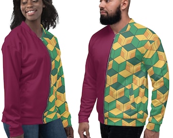 May include: Burgundy bomber jacket with a geometric pattern in yellow and green. The jacket has a zipper closure and is worn by two people. The design is split down the middle, with one side solid burgundy and the other patterned.