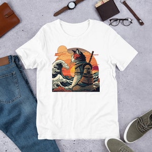 Chat samouraï rétro La grande vague Hokusai T-shirt image 8