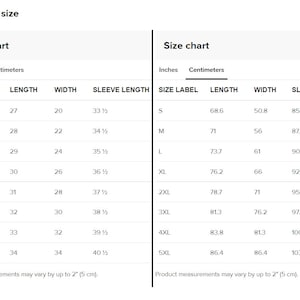 May include: A size chart with measurements in inches and centimeters. The chart displays size labels from S to 5XL, with corresponding length, width, and sleeve length measurements. Product measurements may vary by up to 2 inches (5 cm).