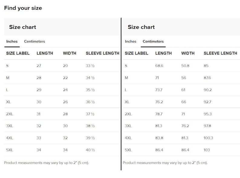 May include: A size chart with measurements in inches and centimeters. The chart displays size labels from S to 5XL, with corresponding length, width, and sleeve length measurements. Product measurements may vary by up to 2 inches (5 cm).