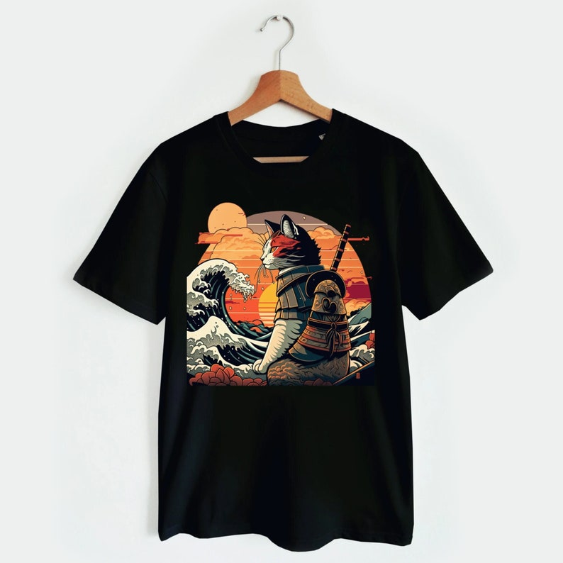 Chat samouraï rétro La grande vague Hokusai T-shirt image 1