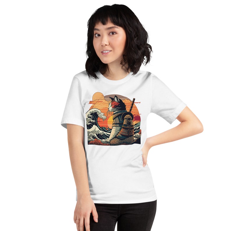 Chat samouraï rétro La grande vague Hokusai T-shirt image 5