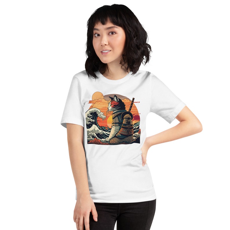 Retro samurai cat T-shirt The Great Wave off Kanagawa Hokusai zdjęcie 5