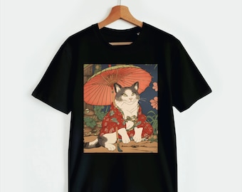 Adorable Chat Geisha Ombrelle Art Japonais Rétro Ukiyo-e T-shirt