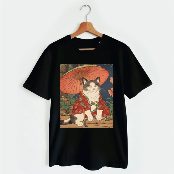 Adorable Chat Geisha Ombrelle Art Japonais Rétro Ukiyo-e T-shirt