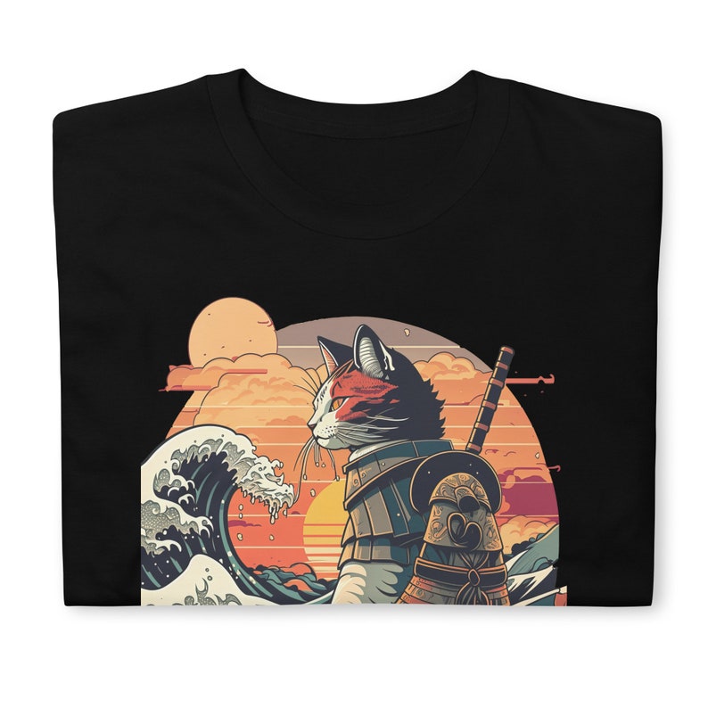 Chat samouraï rétro La grande vague Hokusai T-shirt image 6