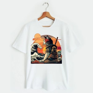 Retro samurai cat T-shirt The Great Wave off Kanagawa Hokusai Standard - white