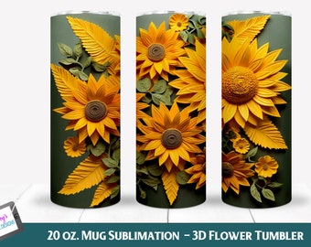3D Sunflower Tumbler Wrap Sublimation Design | 20 oz Skinny Tumbler (PNG)