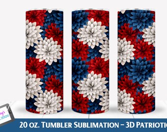 3D Tumbler Wrap Sublimation |  3D Red White and Blue Flower Tumbler  | Patriotic Tumbler wrap | 20 oz Skinny Tumbler | Seamless