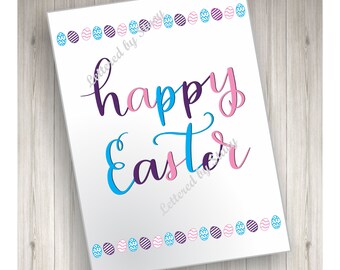 Easter card - Happy Easter with Easter egg border,  printable, downloadable, handlettered