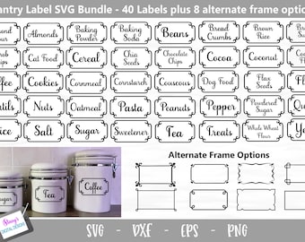 Puede incluir: Un conjunto de 40 etiquetas de despensa en blanco y negro con un marco decorativo. Las etiquetas incluyen artículos comunes de despensa como azúcar, harina, arroz, té, café y más. Las etiquetas están diseñadas para ser utilizadas con una máquina de corte y se pueden personalizar con diferentes fuentes y colores. La imagen también incluye 8 opciones de marco alternativas.