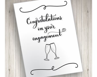 Engagement Card  - Congratulations on your engagement with champagne toast, printable, downloadable, handlettered