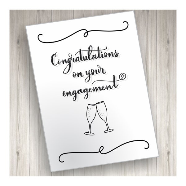 Engagement Card  - Congratulations on your engagement with champagne toast, printable, downloadable, handlettered