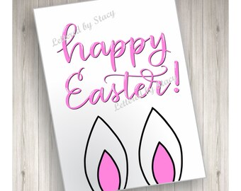 Easter card - Happy Easter with bunny ears, printable, downloadable, handlettered