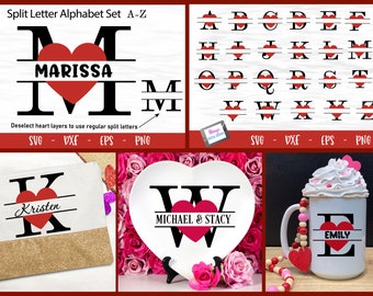 Heart Split Letters A-Z  |  26 Valentine Monogram SVGs - Split letters A-Z - Svg Png Eps Dxf