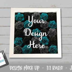 Shadow Box Mockup  - Rolled flower shadow box photo - Digital File - Stock Photography - Teal and Grey