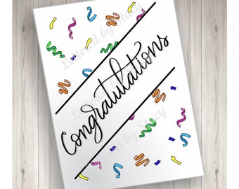 Congratulations Card - Printable congratulations with colorful confetti, downloadable, handlettered