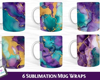 Purple Teal Alcohol Ink Sublimation Mug Wraps | PNG (Digital Download)