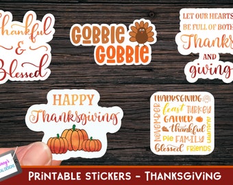 May include: Five Thanksgiving-themed stickers featuring text and illustrations. Designs include 'Thankful & Blessed', 'GOBBIE GOBBIE' with a turkey, 'LET OUR HEARTS BE FULL OF BOTH Thanks AND giving', 'HAPPY Thanksgiving' with three pumpkins, and a word collage.
