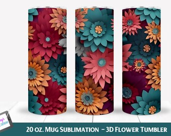 3D Tumbler Wrap Sublimation | | 3D Flower Tumbler | 20 oz. Skinny Tumbler| 3D Flower Tumbler | Colorful Flowers|