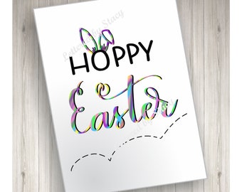 Carte de Pâques - Hoppy Easter avec des oreilles de lapin, imprimable, téléchargeable, manuscrite