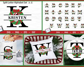 Christmas Wreath Split Letters A-Z | 26 Christmas Split Monograms | Christmas Monograms for Cricut and Silhouette | Svg Png Eps Dxf