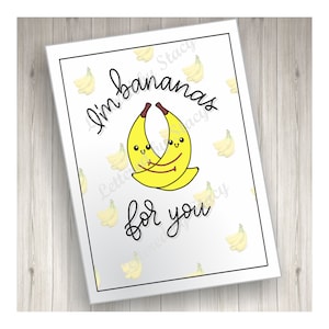 Love Card - I'm bananas for you card with hugging bananas pun card, printable, downloadable