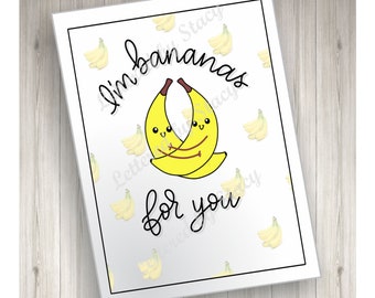 Love Card - I'm bananas for you card with hugging bananas pun card, printable, downloadable