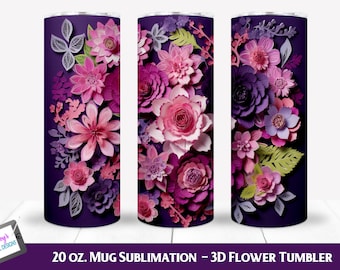 3D Flower Tumbler Wrap | Pink & Purple 20 oz Skinny Tumbler (PNG Digital Download)