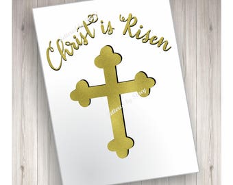 Religious Easter Card - Christ is Risen with cross, printable, downloadable, handlettered