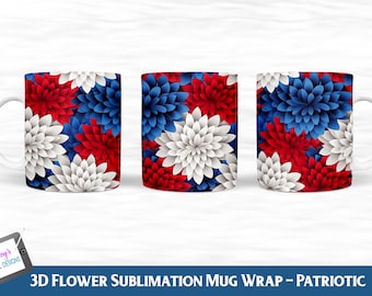3D Flower Mug Wrap | Sublimation Mug Wrap  | 3D Mug Sublimation | 3D Patriotic Mug | Red White and Blue  Flowers