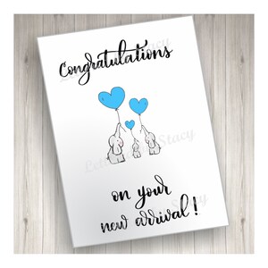 Nieuwe babykaart - Gefeliciteerd met je nieuwe aankomst met olifanten en blauwe ballonnen, printbaar, downloadbaar