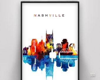 Nashville skyline, Nashville city wall art, Nashville poster, Home Decor, Wall art, City print, Nashville travel watercolor, Gift for home
